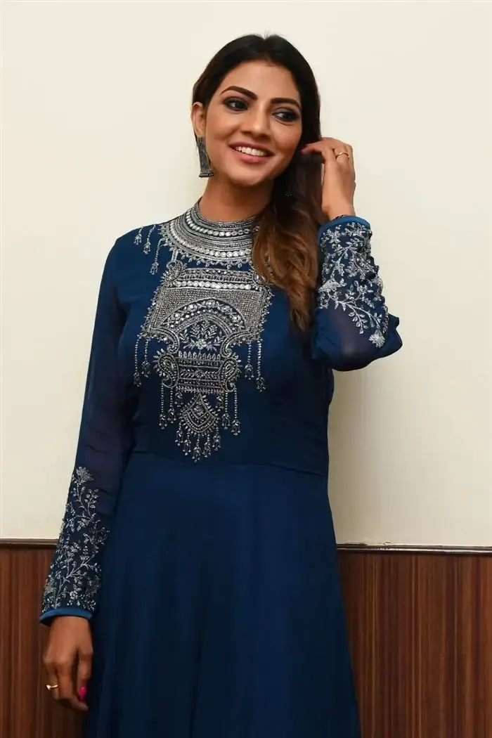 Indian Actress Lahari Shari Long Hair Smiling Face in Blue dress